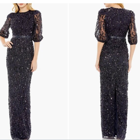 MAC DUGGAL 93790 SEQUINED ELBOW SLEEVE MIDNIGHT DARK NAVY GOWN sz 12 - Picture 3 of 3